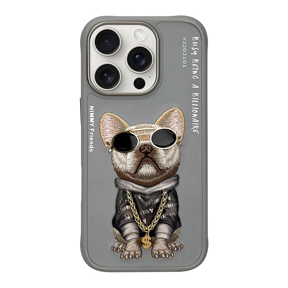iPhone 16 Pro Nimmy Embroidery Chain Series Back Cover - Gray Dog